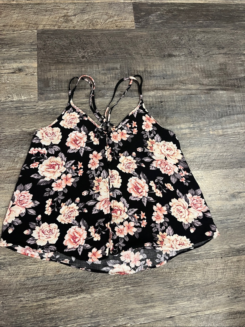 American Eagle Outfitters Black Floral Button- Front Razorback Strappy Tank